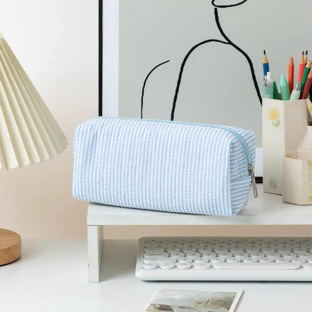 Alt view image 2 of 7 - Cute Pencil Case Capacity Pencil Pouch Aesthetic Pen Bag Office Stationery Organizer Simple Sturdy Multifunctional Cosmetic Pouch (Light blue)