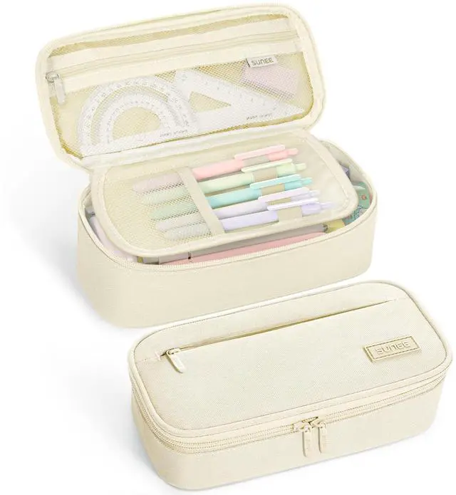 Main image of Cute Pencil Case, Large Capacity Pencil Pouch, Big Storage Organizer for Stationery, Zipper Pen Bag, Back to School Supplies, Office Organizer Makeup Bag, for Teen Girl Boy Men Women, Beige