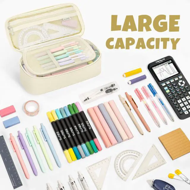 Alt view image 2 of 7 - Cute Pencil Case, Large Capacity Pencil Pouch, Big Storage Organizer for Stationery, Zipper Pen Bag, Back to School Supplies, Office Organizer Makeup Bag, for Teen Girl Boy Men Women, Beige