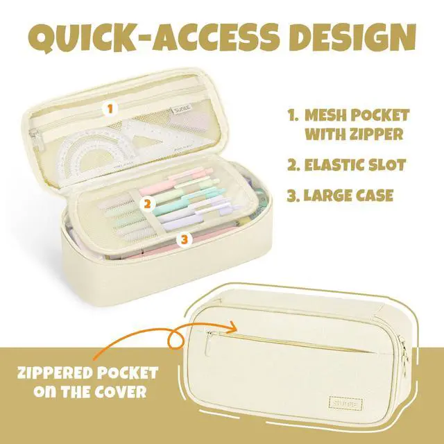 Alt view image 3 of 7 - Cute Pencil Case, Large Capacity Pencil Pouch, Big Storage Organizer for Stationery, Zipper Pen Bag, Back to School Supplies, Office Organizer Makeup Bag, for Teen Girl Boy Men Women, Beige