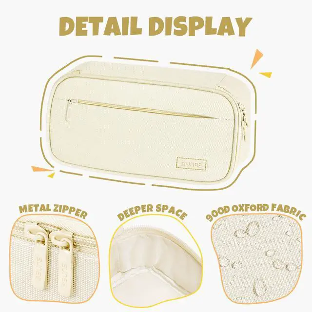 Alt view image 5 of 7 - Cute Pencil Case, Large Capacity Pencil Pouch, Big Storage Organizer for Stationery, Zipper Pen Bag, Back to School Supplies, Office Organizer Makeup Bag, for Teen Girl Boy Men Women, Beige