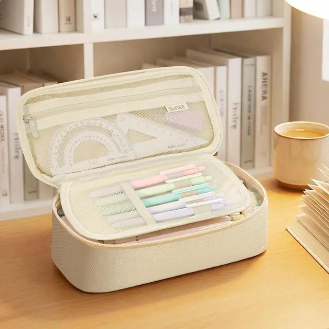 Alt view image 7 of 7 - Cute Pencil Case, Large Capacity Pencil Pouch, Big Storage Organizer for Stationery, Zipper Pen Bag, Back to School Supplies, Office Organizer Makeup Bag, for Teen Girl Boy Men Women, Beige