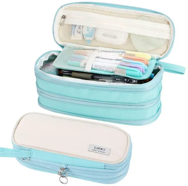 Main image of Large Pencil Case Organizer Big Capacity Pencil Bag Zipper Pencil Pouch with Handle Portable for Girls Kids Adults Gift Pencil Case for School Home Office Light-blue