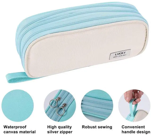 Alt view image 2 of 7 - Large Pencil Case Organizer Big Capacity Pencil Bag Zipper Pencil Pouch with Handle Portable for Girls Kids Adults Gift Pencil Case for School Home Office Light-blue