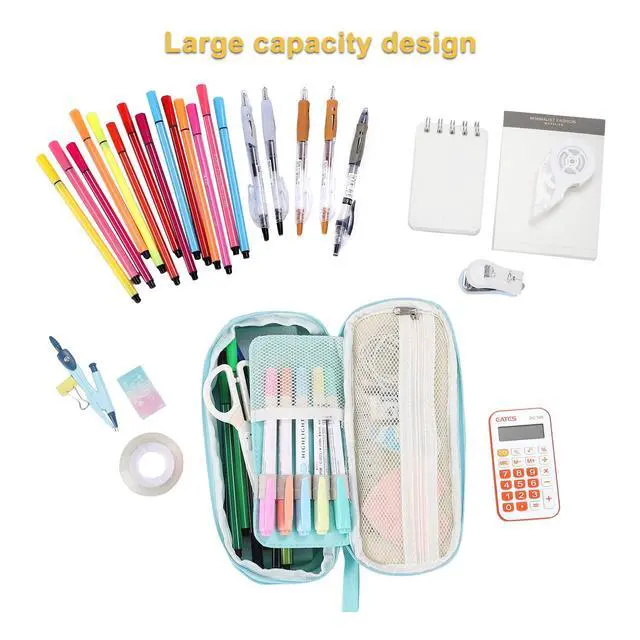 Alt view image 5 of 7 - Large Pencil Case Organizer Big Capacity Pencil Bag Zipper Pencil Pouch with Handle Portable for Girls Kids Adults Gift Pencil Case for School Home Office Light-blue