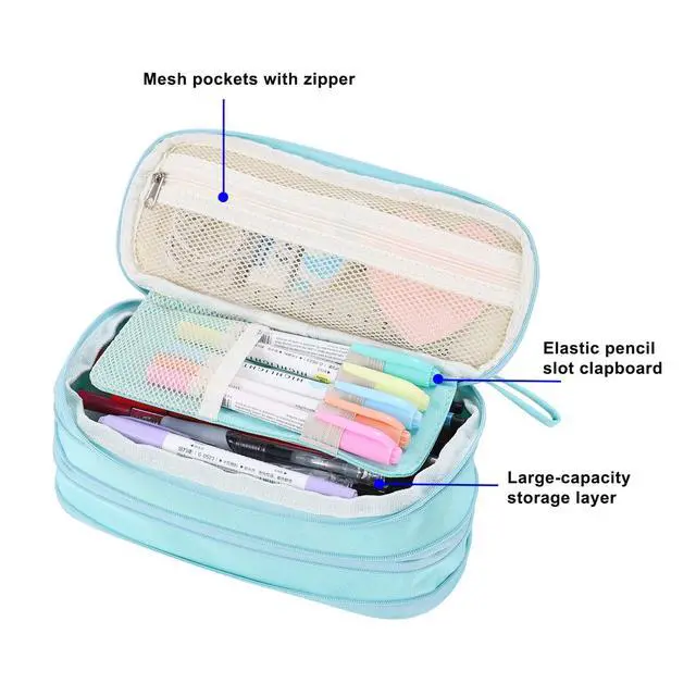 Alt view image 3 of 7 - Large Pencil Case Organizer Big Capacity Pencil Bag Zipper Pencil Pouch with Handle Portable for Girls Kids Adults Gift Pencil Case for School Home Office Light-blue