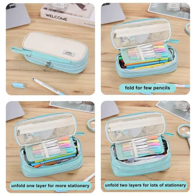 Alt view image 6 of 7 - Large Pencil Case Organizer Big Capacity Pencil Bag Zipper Pencil Pouch with Handle Portable for Girls Kids Adults Gift Pencil Case for School Home Office Light-blue