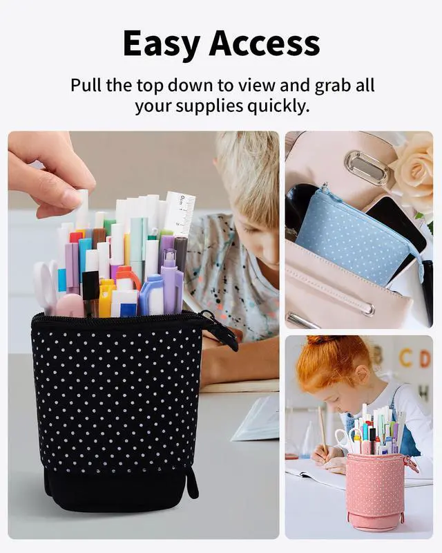 Alt view image 4 of 7 - Standing Pencil Case, Cute Stand up Pencil Pouch, Telescopic Pen Pouch, Portable Pencil Holder, Kawaii Stand up Pencil Case, Spacious Pencil Pouch Bag for School Office Supplies, Black
