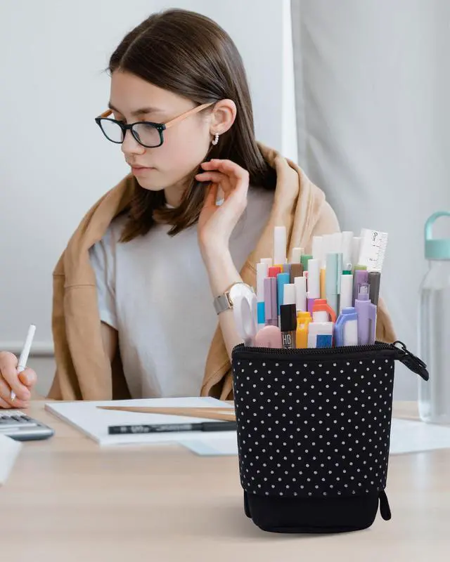 Alt view image 7 of 7 - Standing Pencil Case, Cute Stand up Pencil Pouch, Telescopic Pen Pouch, Portable Pencil Holder, Kawaii Stand up Pencil Case, Spacious Pencil Pouch Bag for School Office Supplies, Black