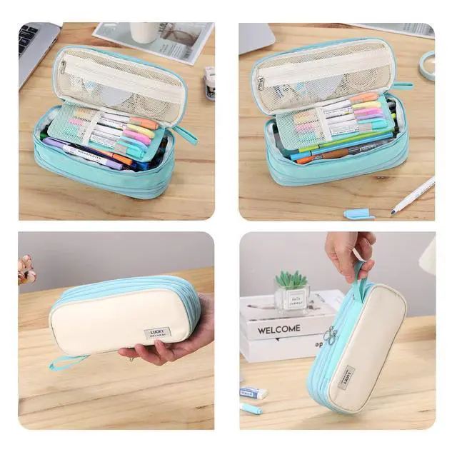 Alt view image 7 of 7 - Large Pencil Case Organizer Big Capacity Pencil Bag Zipper Pencil Pouch with Handle Portable for Girls Kids Adults Gift Pencil Case for School Home Office Light-blue