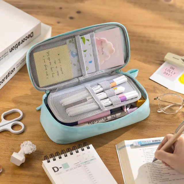 Alt view image 2 of 6 - Durable Pencil Case Big Storage Pen Pouch Bag for School Supplies Office College Teen Adults, Light Blue