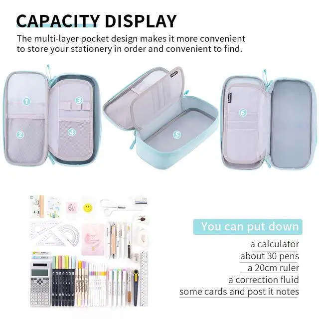 Alt view image 3 of 6 - Durable Pencil Case Big Storage Pen Pouch Bag for School Supplies Office College Teen Adults, Light Blue
