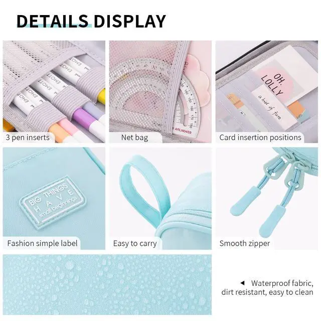 Alt view image 5 of 6 - Durable Pencil Case Big Storage Pen Pouch Bag for School Supplies Office College Teen Adults, Light Blue