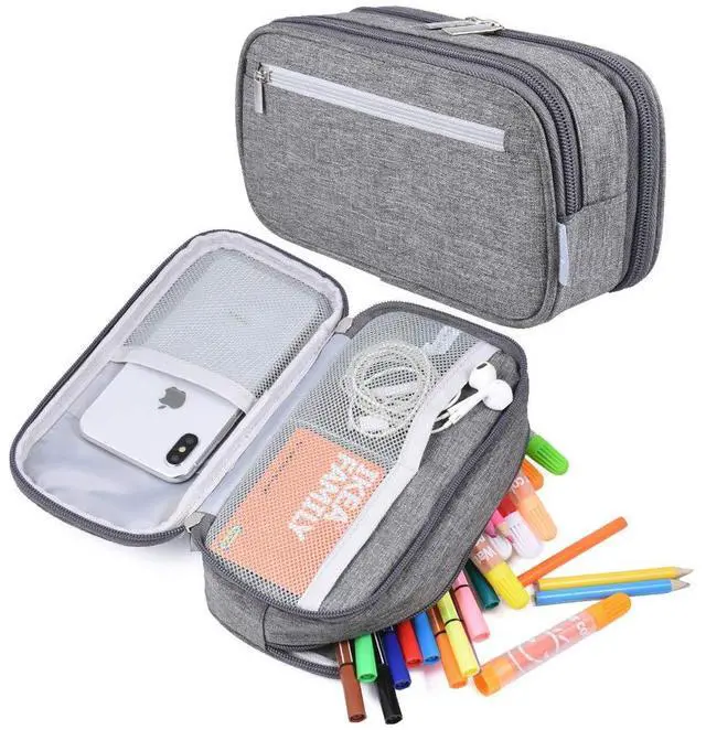 Main image of Large Capacity Pencil Case Big Pencil Bag Pouch High Storage Pen Pencil Holder Marker Portable Office Stationery Desk Organizer Makeup Bag Adults, Gray