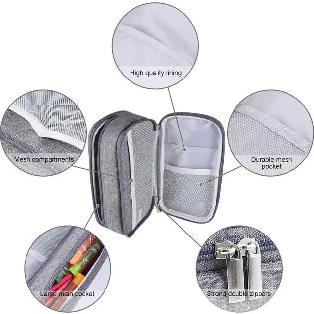 Alt view image 3 of 7 - Large Capacity Pencil Case Big Pencil Bag Pouch High Storage Pen Pencil Holder Marker Portable Office Stationery Desk Organizer Makeup Bag Adults, Gray