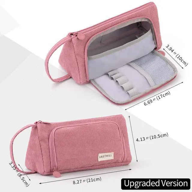 Alt view image 3 of 6 - Big Capacity Pencil Case Canvas High Large Storage Pouch Marker Pen Case Simple Stationery Bag School College Office Organizer for Teens Girls Adults Student - Pink
