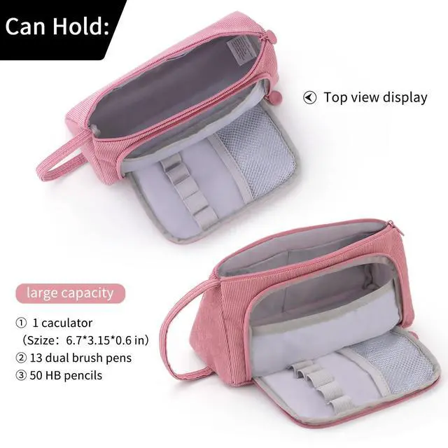 Alt view image 4 of 6 - Big Capacity Pencil Case Canvas High Large Storage Pouch Marker Pen Case Simple Stationery Bag School College Office Organizer for Teens Girls Adults Student - Pink