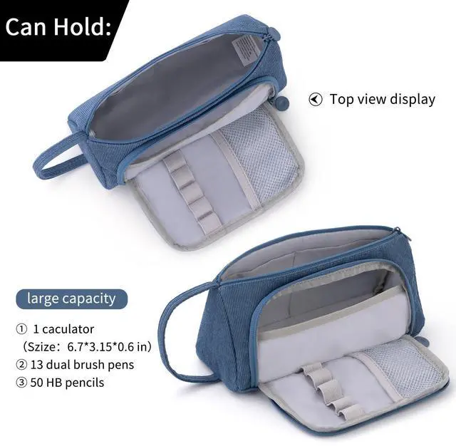 Alt view image 3 of 6 - Big Capacity Pencil Case Canvas High Storage Pouch Marker Pen Case Simple Stationery Bag School College Office Organizer for Teens Girls Adults Student-Blue