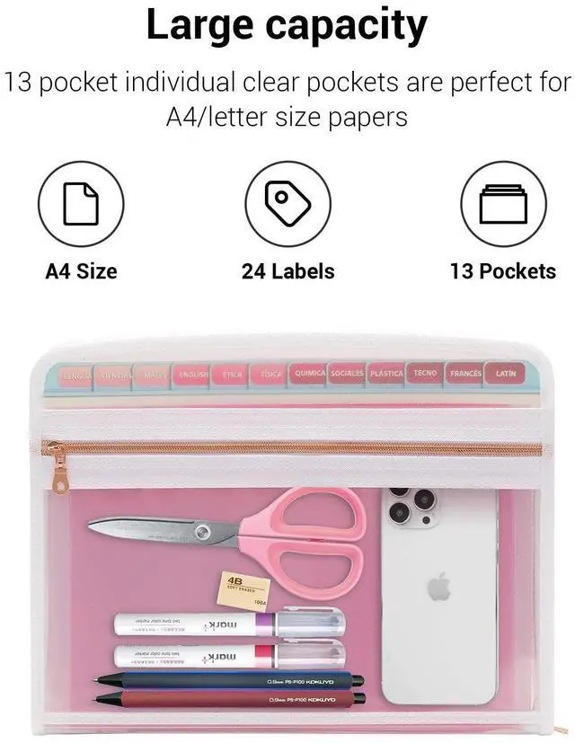 Alt view image 5 of 7 - 13 Pocket Zippered Expanding File Folder, Accordion File Organizer for Documents Letter Size A4 Papers (Pink)