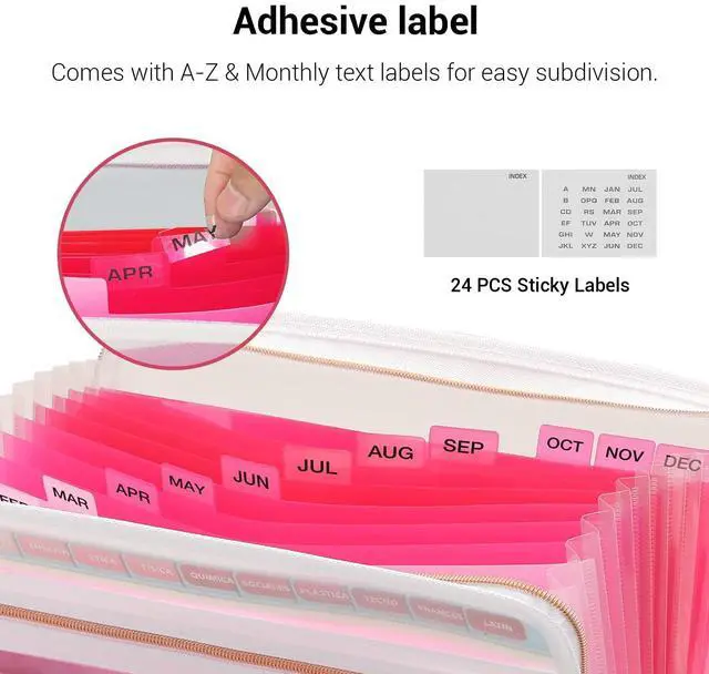 Alt view image 4 of 7 - 13 Pocket Zippered Expanding File Folder, Accordion File Organizer for Documents Letter Size A4 Papers (Pink)