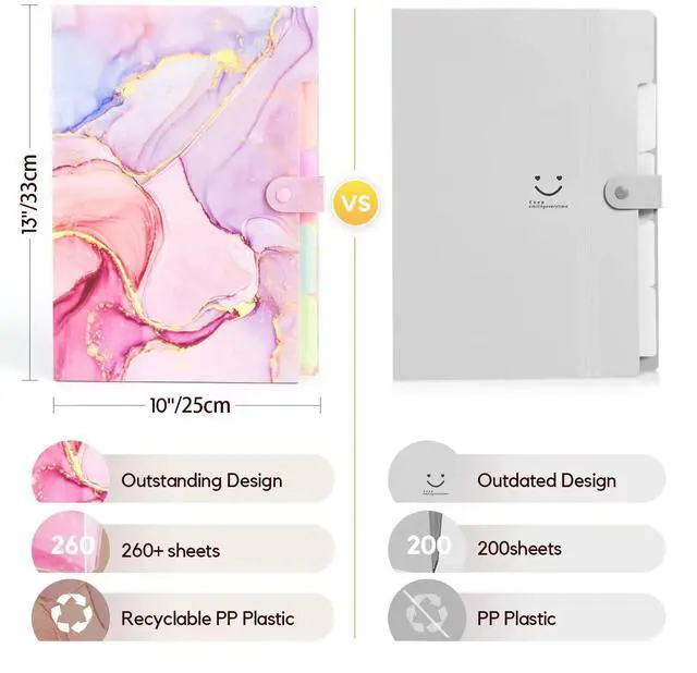 Alt view image 4 of 7 - Expanding File Folder, Aesthetic Folders for School, Accordion File Organizer, Aesthetic Folder with Labels,5 Pockets Important Document Folders for School Office Home(Pink Gold)