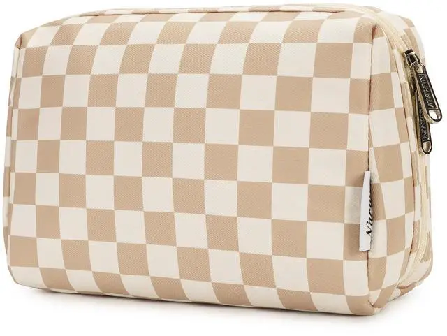 Main image of Checkered Makeup Bag Travel Cosmetic Bag Organizer Toiletry Bag Make Up Bags with Compartments for Women Girls (Large, Light Checkerboard)