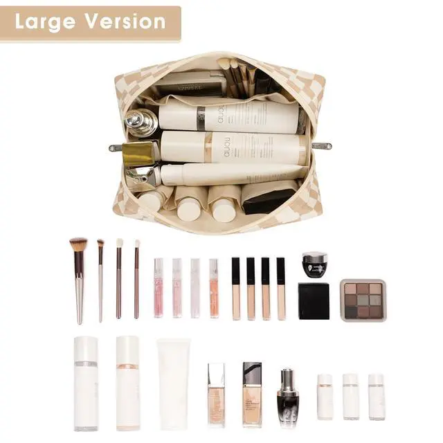 Alt view image 2 of 6 - Checkered Makeup Bag Travel Cosmetic Bag Organizer Toiletry Bag Make Up Bags with Compartments for Women Girls (Large, Light Checkerboard)