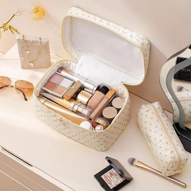 Alt view image 2 of 7 - Quilted Makeup Bag, 3PCS Cotton Large Travel Makeup Bag, Cute Floral Coquette Make up Bag Cosmetic Bag Toiletry Bag for Women Girls