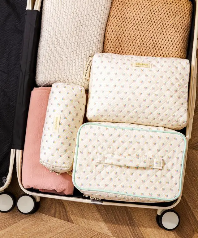 Alt view image 3 of 7 - Quilted Makeup Bag, 3PCS Cotton Large Travel Makeup Bag, Cute Floral Coquette Make up Bag Cosmetic Bag Toiletry Bag for Women Girls