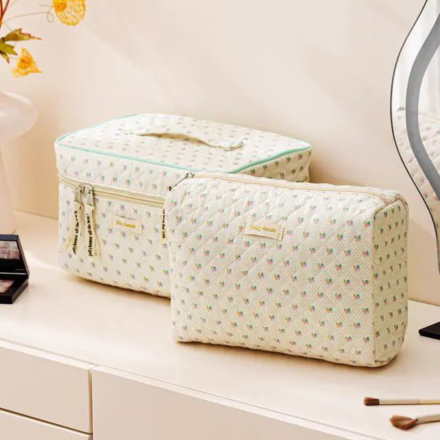 Alt view image 4 of 7 - Quilted Makeup Bag, 3PCS Cotton Large Travel Makeup Bag, Cute Floral Coquette Make up Bag Cosmetic Bag Toiletry Bag for Women Girls