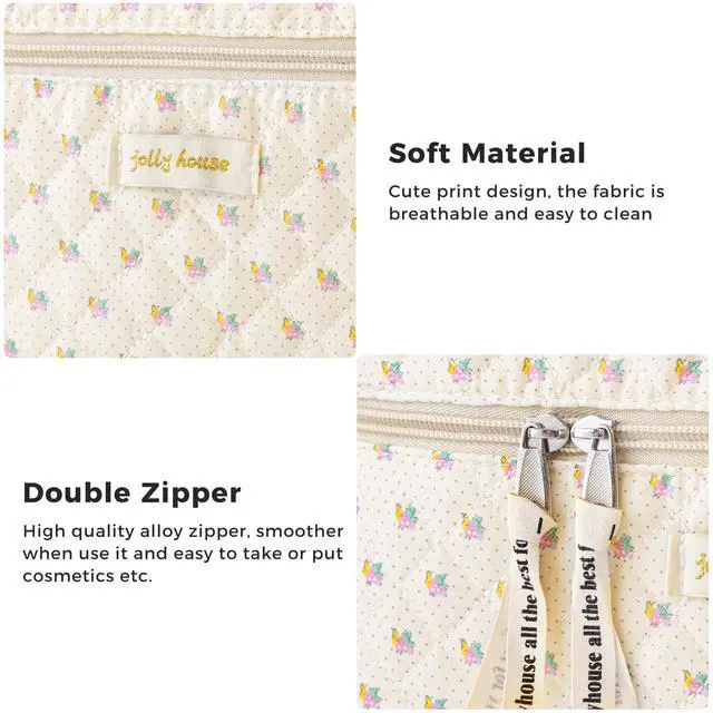 Alt view image 5 of 7 - Quilted Makeup Bag, 3PCS Cotton Large Travel Makeup Bag, Cute Floral Coquette Make up Bag Cosmetic Bag Toiletry Bag for Women Girls