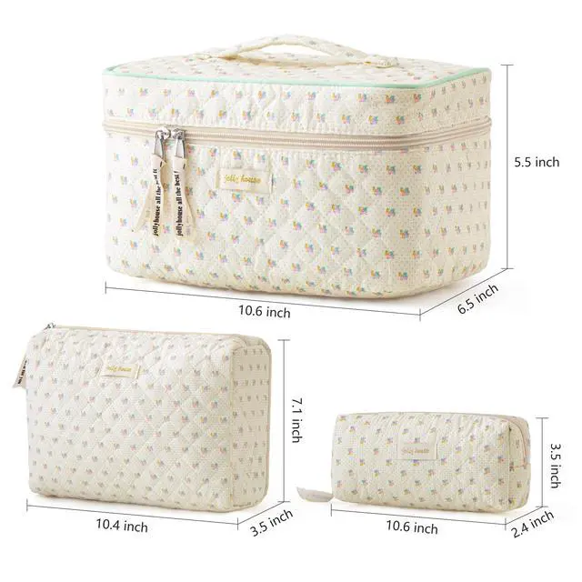 Alt view image 6 of 7 - Quilted Makeup Bag, 3PCS Cotton Large Travel Makeup Bag, Cute Floral Coquette Make up Bag Cosmetic Bag Toiletry Bag for Women Girls