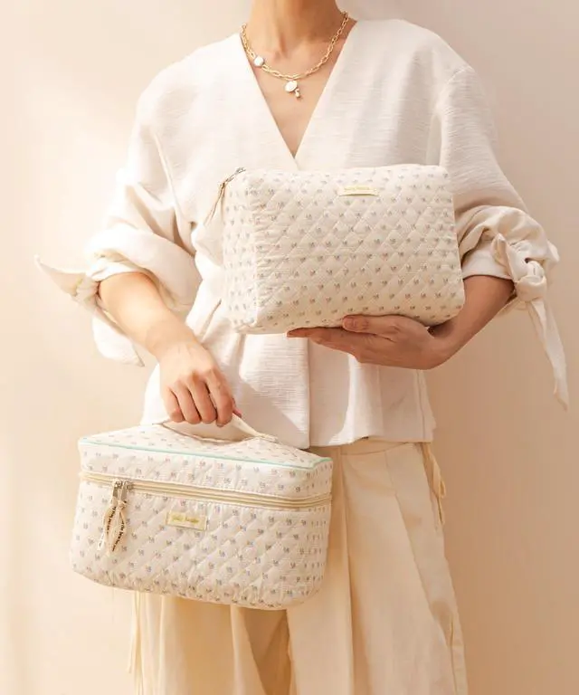 Alt view image 7 of 7 - Quilted Makeup Bag, 3PCS Cotton Large Travel Makeup Bag, Cute Floral Coquette Make up Bag Cosmetic Bag Toiletry Bag for Women Girls