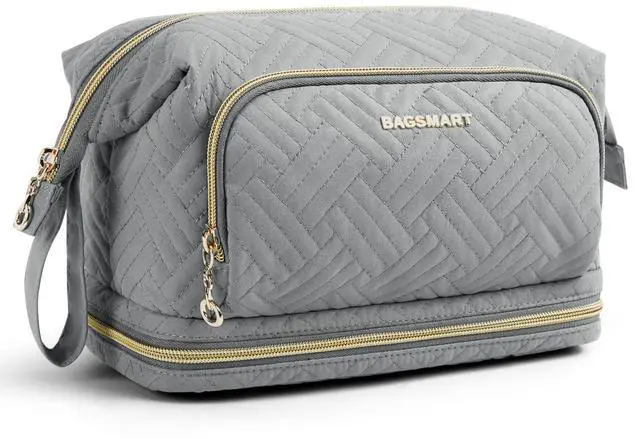 Main image of Travel Makeup Bag, Cosmetic Bag Make Up Organizer Case, Large Wide-open Pouch for Women Double Layers Purse for Toiletries Accessories Brushes Greey