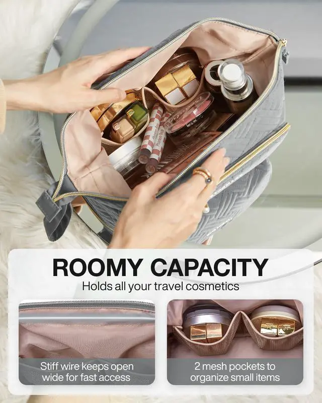 Alt view image 2 of 6 - Travel Makeup Bag, Cosmetic Bag Make Up Organizer Case, Large Wide-open Pouch for Women Double Layers Purse for Toiletries Accessories Brushes Greey