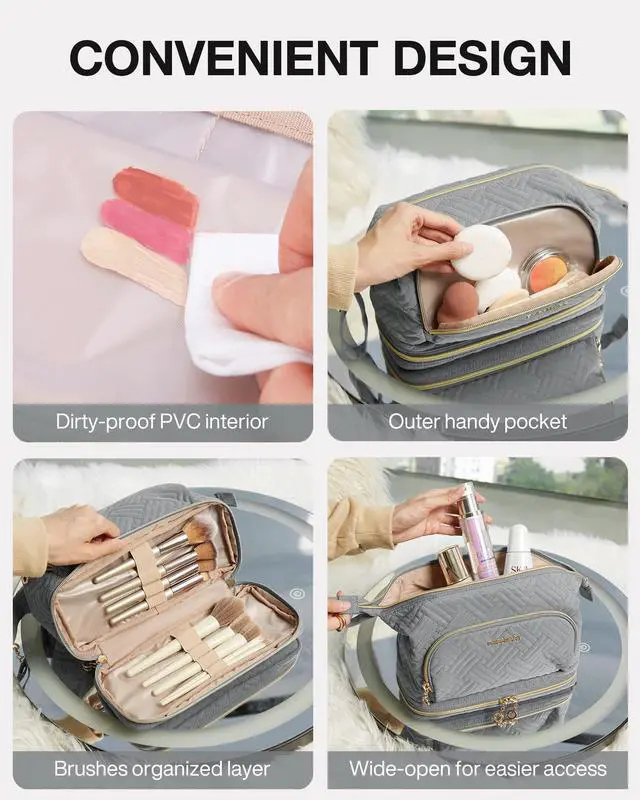 Alt view image 3 of 6 - Travel Makeup Bag, Cosmetic Bag Make Up Organizer Case, Large Wide-open Pouch for Women Double Layers Purse for Toiletries Accessories Brushes Greey