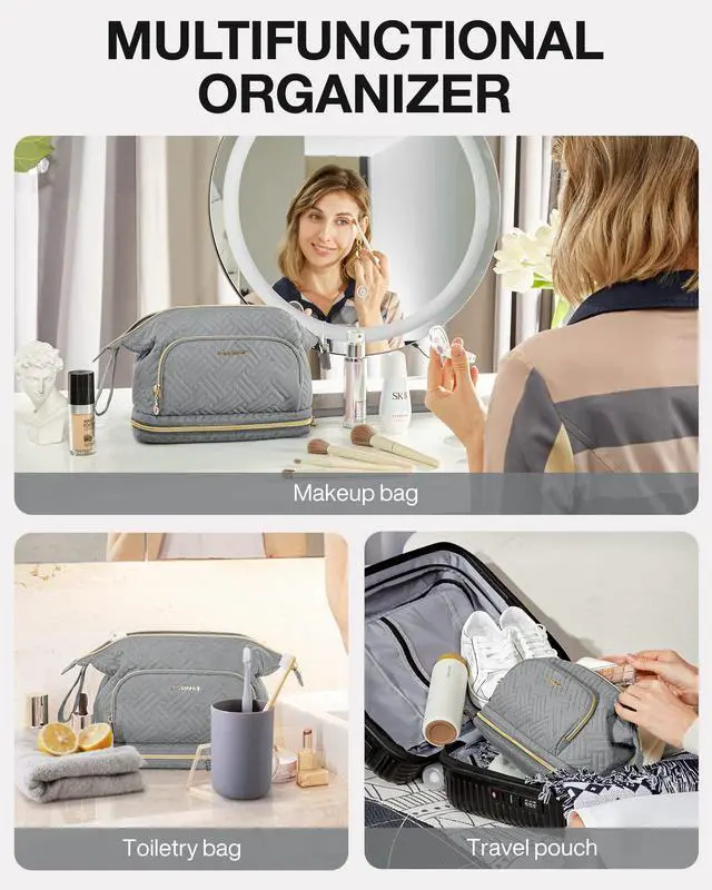 Alt view image 4 of 6 - Travel Makeup Bag, Cosmetic Bag Make Up Organizer Case, Large Wide-open Pouch for Women Double Layers Purse for Toiletries Accessories Brushes Greey