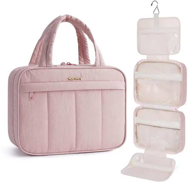 Main image of Hanging Travel Toiletry Bag for Women, Quilted Makeup Bag Organizer with Handle, Portable Toiletries Bag for Travel Essentials, Accessories, Brushes, Cosmetics (Pink)