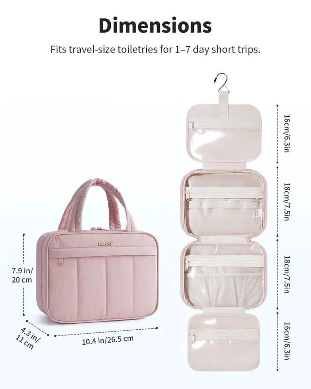 Alt view image 6 of 7 - Hanging Travel Toiletry Bag for Women, Quilted Makeup Bag Organizer with Handle, Portable Toiletries Bag for Travel Essentials, Accessories, Brushes, Cosmetics (Pink)