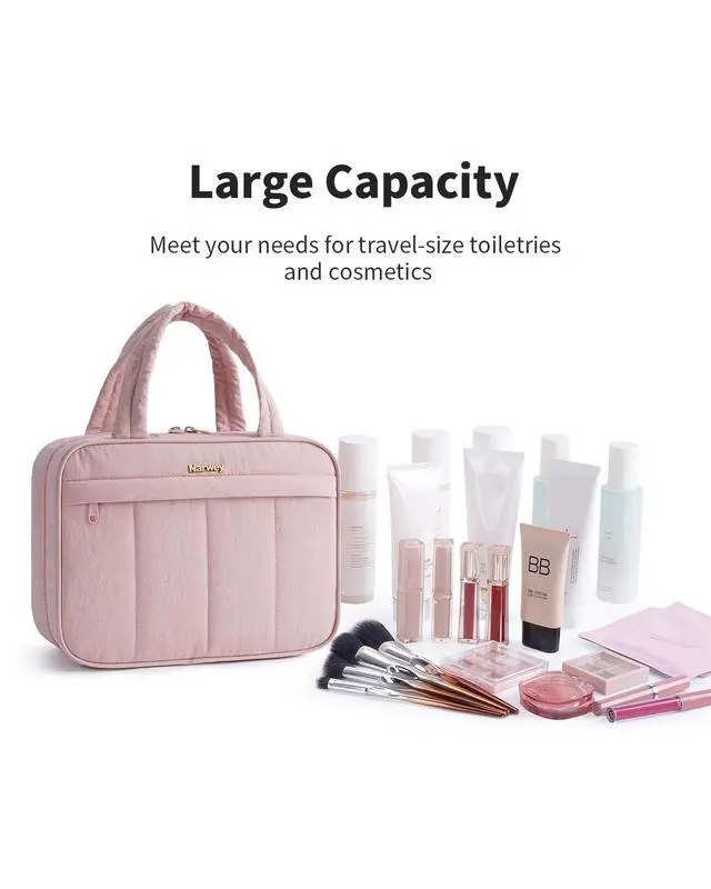 Alt view image 7 of 7 - Hanging Travel Toiletry Bag for Women, Quilted Makeup Bag Organizer with Handle, Portable Toiletries Bag for Travel Essentials, Accessories, Brushes, Cosmetics (Pink)