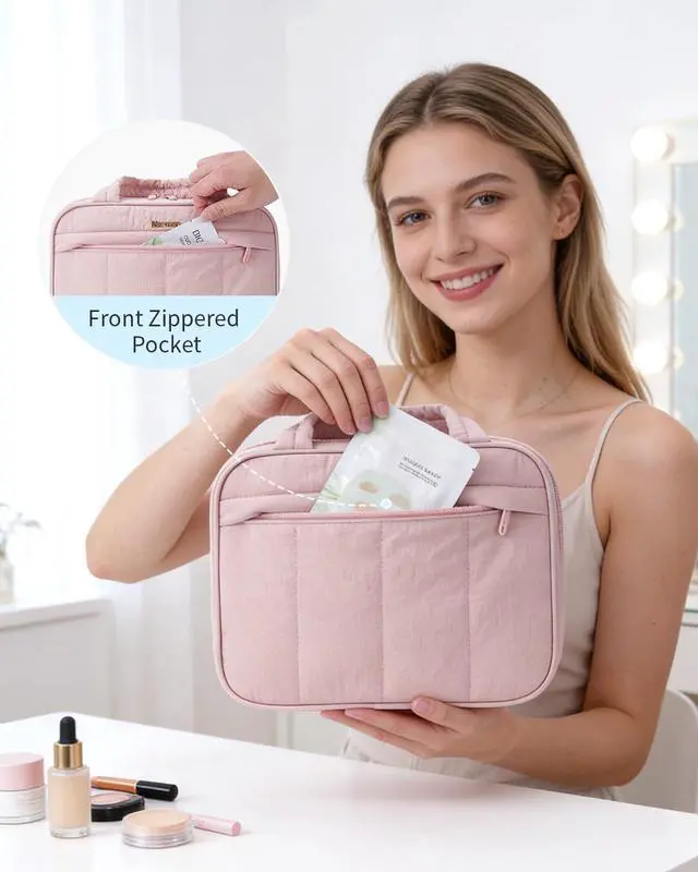 Alt view image 4 of 7 - Hanging Travel Toiletry Bag for Women, Quilted Makeup Bag Organizer with Handle, Portable Toiletries Bag for Travel Essentials, Accessories, Brushes, Cosmetics (Pink)