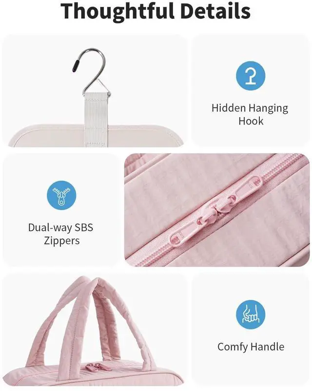 Alt view image 5 of 7 - Hanging Travel Toiletry Bag for Women, Quilted Makeup Bag Organizer with Handle, Portable Toiletries Bag for Travel Essentials, Accessories, Brushes, Cosmetics (Pink)