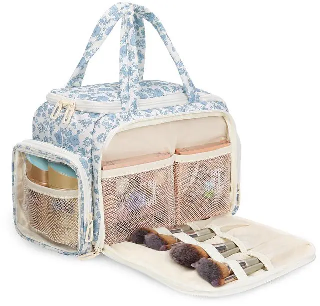 Main image of Travel Makeup Bag, Lightweight Wide-open Toiletries Bag for Women, Large Cosmetic Organizer Bag with Makeup Brushes Compartment for Travel-Sized Essentials for Trip, Camping - Blue Flower