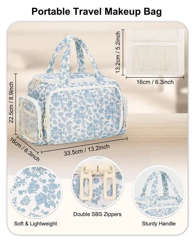 Alt view image 2 of 7 - Travel Makeup Bag, Lightweight Wide-open Toiletries Bag for Women, Large Cosmetic Organizer Bag with Makeup Brushes Compartment for Travel-Sized Essentials for Trip, Camping - Blue Flower
