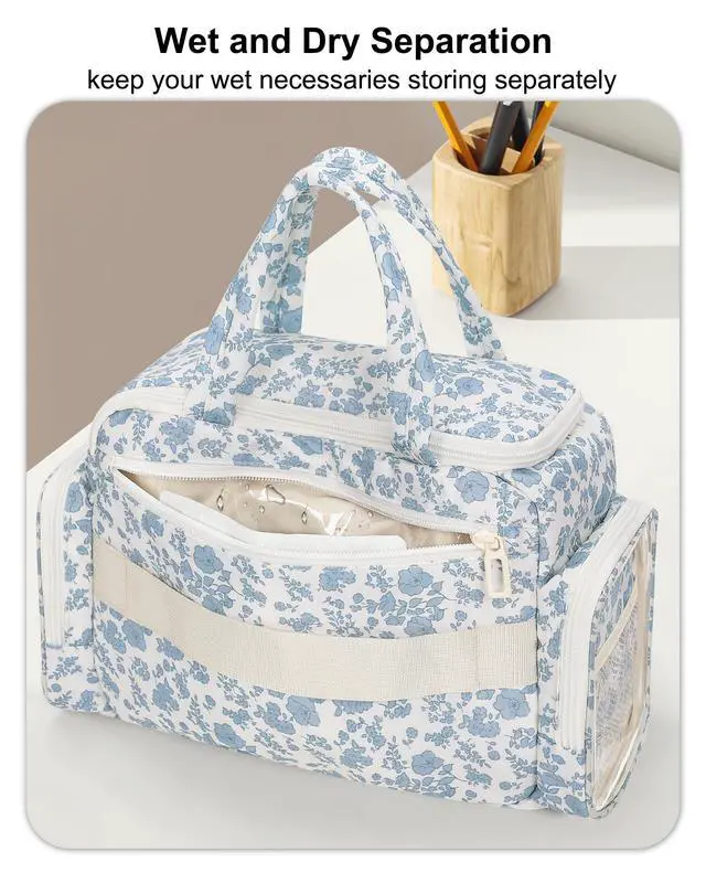 Alt view image 3 of 7 - Travel Makeup Bag, Lightweight Wide-open Toiletries Bag for Women, Large Cosmetic Organizer Bag with Makeup Brushes Compartment for Travel-Sized Essentials for Trip, Camping - Blue Flower