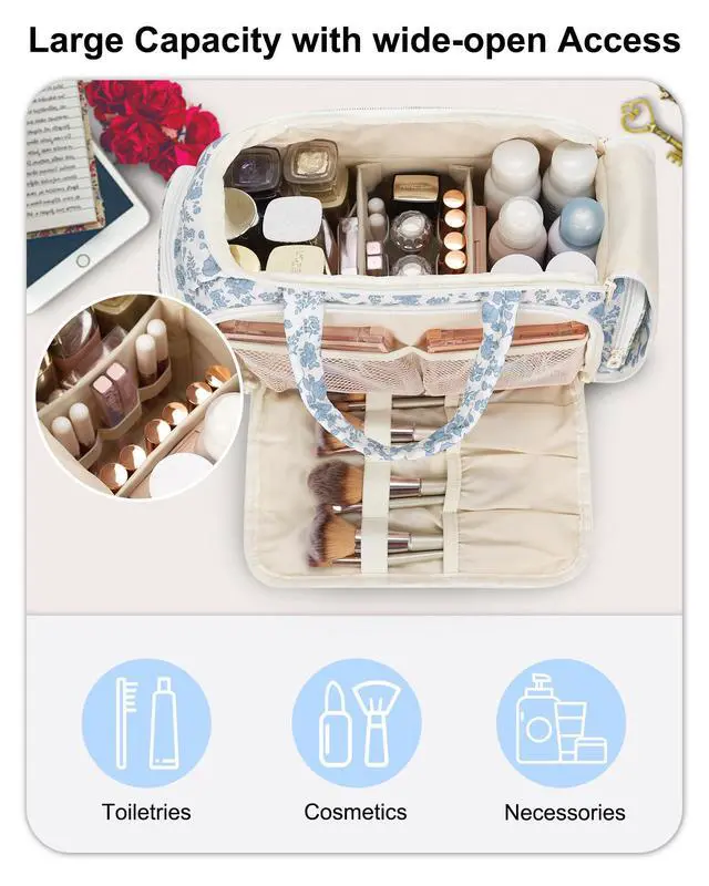 Alt view image 5 of 7 - Travel Makeup Bag, Lightweight Wide-open Toiletries Bag for Women, Large Cosmetic Organizer Bag with Makeup Brushes Compartment for Travel-Sized Essentials for Trip, Camping - Blue Flower