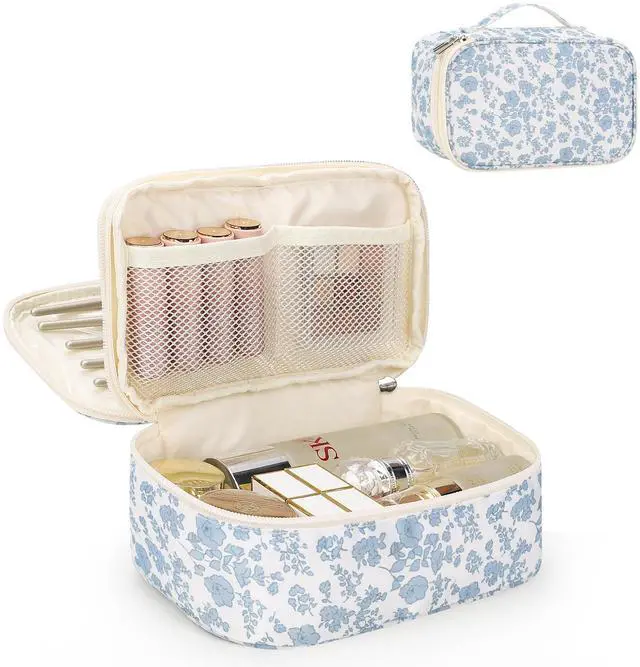 Main image of Travel Makeup Bag, Small Floral Cosmetic Bag with Makeup Brush Compartment, Portable Makeup Pouch for Women, Double Layer Makeup Organizer Bag Cute Toiletry Bag