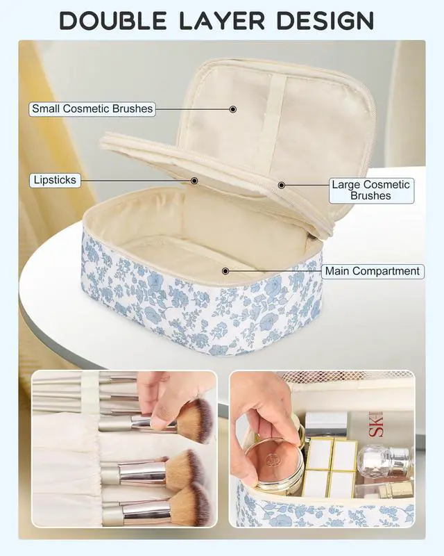 Alt view image 3 of 7 - Travel Makeup Bag, Small Floral Cosmetic Bag with Makeup Brush Compartment, Portable Makeup Pouch for Women, Double Layer Makeup Organizer Bag Cute Toiletry Bag