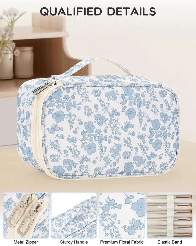 Alt view image 4 of 7 - Travel Makeup Bag, Small Floral Cosmetic Bag with Makeup Brush Compartment, Portable Makeup Pouch for Women, Double Layer Makeup Organizer Bag Cute Toiletry Bag