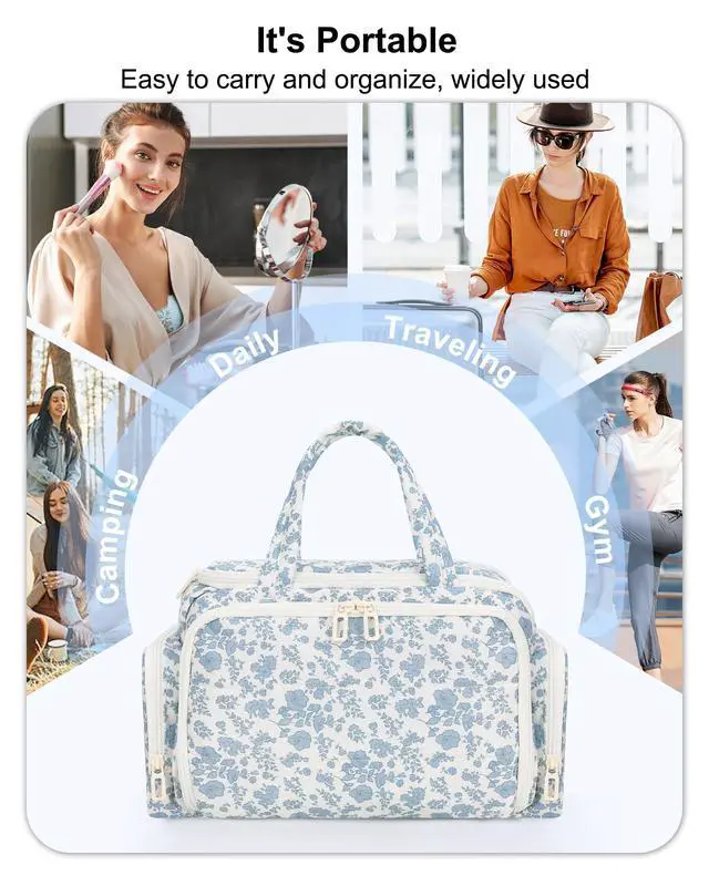 Alt view image 7 of 7 - Travel Makeup Bag, Lightweight Wide-open Toiletries Bag for Women, Large Cosmetic Organizer Bag with Makeup Brushes Compartment for Travel-Sized Essentials for Trip, Camping - Blue Flower